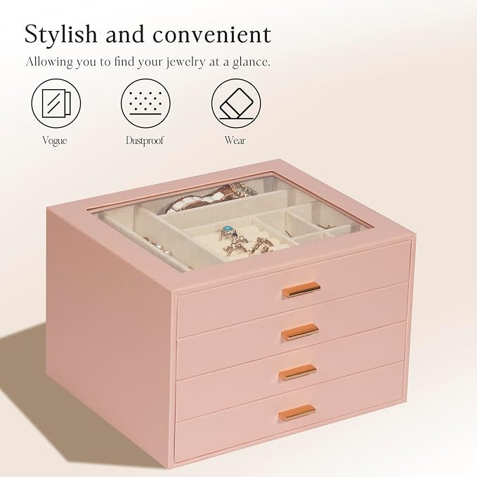 Jewelry Box with Glass Lid, 4-Layer Jewelry Organizer for Women Girls, PU Leather Display Case with 20-Grid Earring Tray & Mo