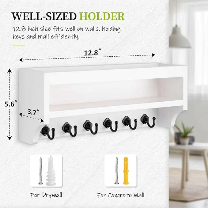 Nekon Key Holder Wall Mount, 12.8" W x 5.6" H x 3.7" D Wall Mounted Key and Mail Organizer with 6 Key Hooks, Key Racks for Ho