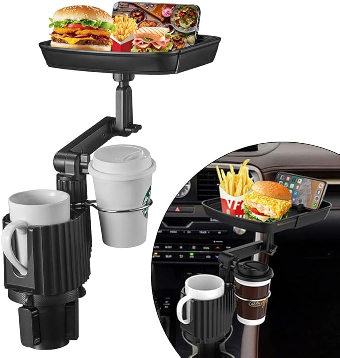 JSCARLIFE Car Cup Holder Expander with Detachable Tray, Multifunctional Car Food Tray Table, Travel Trip Accessories Large Water Bottle Holder