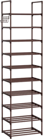 Tall 10 Tier Shoe Rack - 20-24 Pair Storage, Sturdy Metal Shoe Organizer with Hooks for Closet, Entryway, Brown