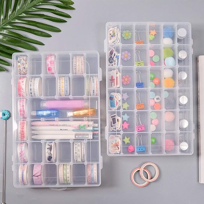 OUTUXED 2 Pack 36 Grids Clear Plastic Bead Organizer Box, Fishing Tackle Box Compartment Organizer with Adjustable Dividers f