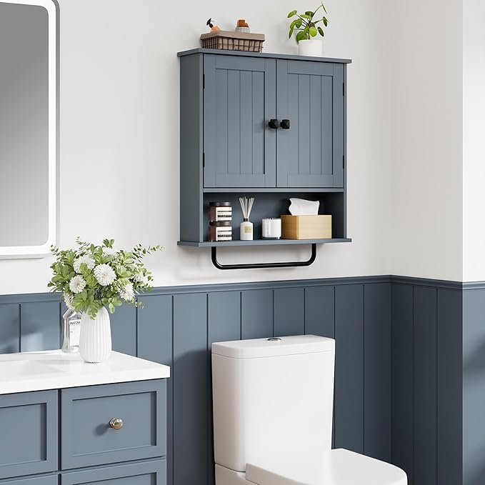 RRX Bathroom Cabinet Wall Mounted Medicine Cabinets with Towels Bar, Over The Toilet Storage Cabinet with 2 Doors and Adjusta