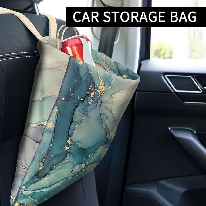 Car Trash Can, Cute Car Trash Bag, Hanging Car Organizer and Storage Bag, Trash Bin for Car Accessories, Vehicle, Travelling, Camping Cute Green Marble