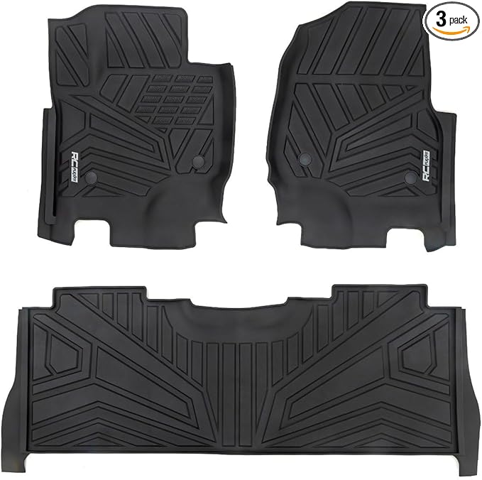 Rough Country Flex-Fit Floor Mats for Ford F-250/350 Super Duty (2017-2025) Crew Cab - Front & Rear Set, Custom All-Weather Non-Slip TPE Liners w/Spill Saver Lip