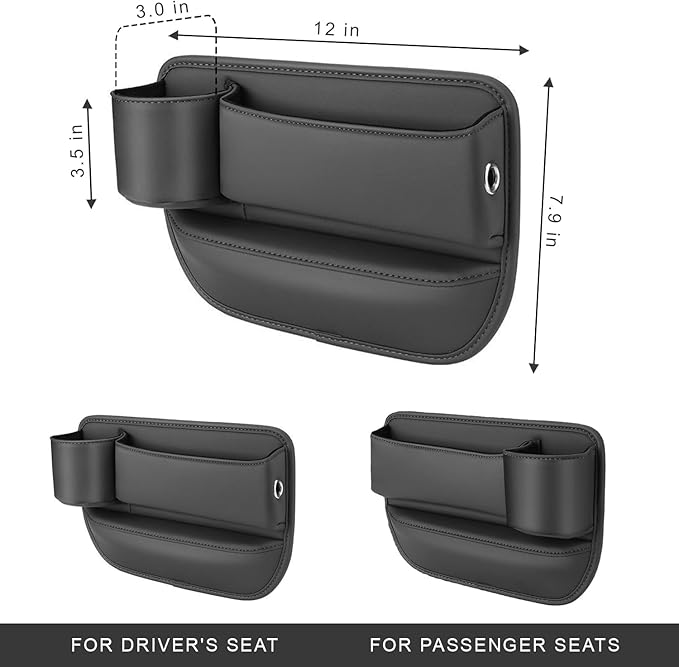 2-Pack car seat Gap Filler Organizer with Cup Holder, Adjustable Car Seat Gap Storage Box Leather with Cup Holder for Phones Glasses Keys Cards (Black. Driver- Passenger)