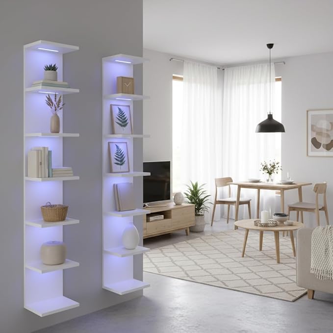 7 Tier Wall Shelves with RGB Light, Lack Wall Shelf Unit, Vertical Shelf with Remonte Control,White Shelves