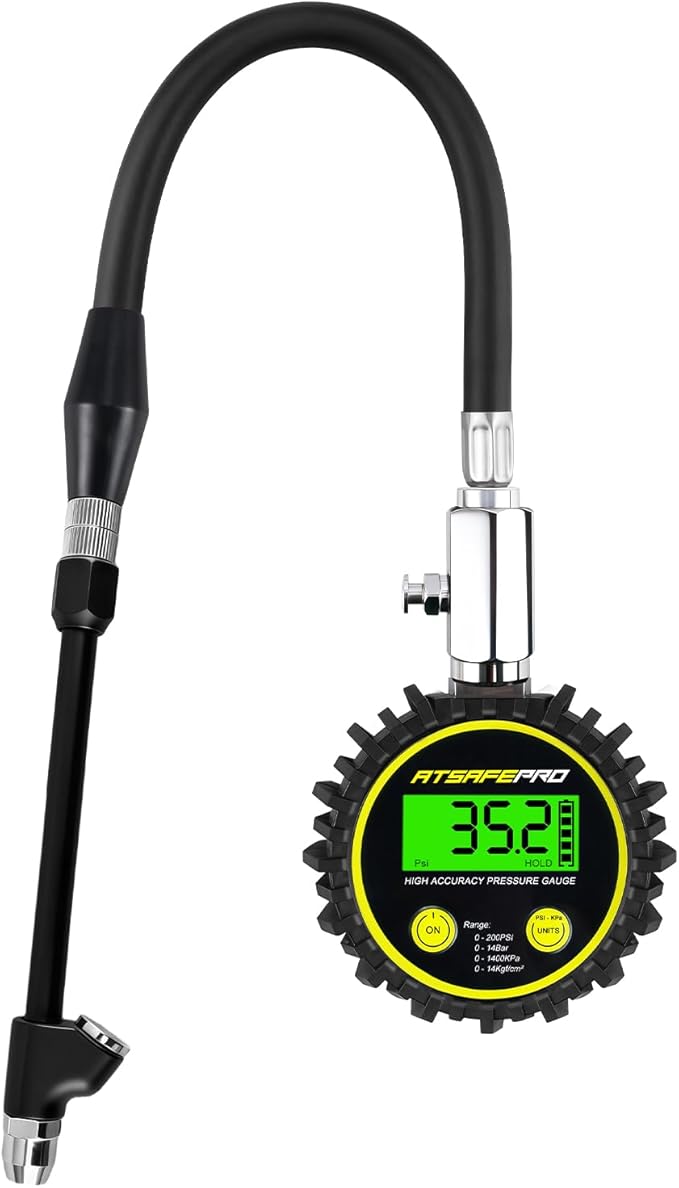 ATsafepro Digital Tire Pressure Gauge - Backlit Display, 200 PSI Accurate Tire Gauge - Hold Function, Long Hose, Dual Head Air Chuck, 4 Units, Bleed Valve, AAA Battery, for Car Truck RV