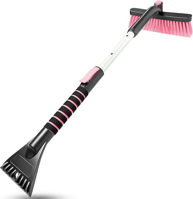 SEAAES Ice Scraper with Snow Brush for Car Windshield, Upgraded Extendable Snow Brush with Foam Grip for Truck SUV Vehicle Windows - Pink