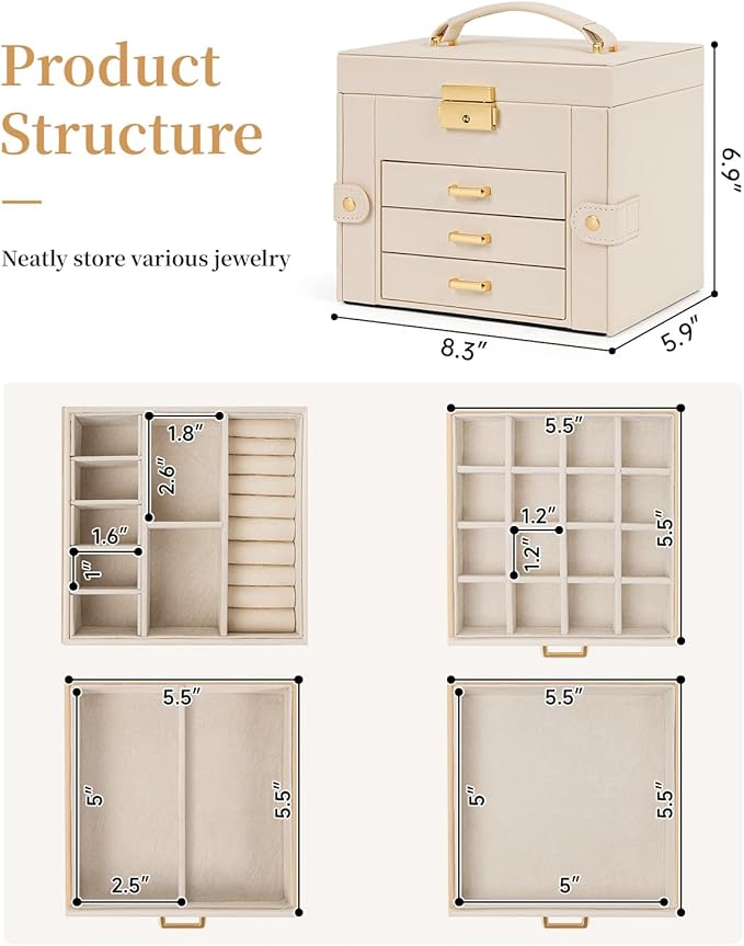 TORIBIO Jewelry Box for Women, Leather Jewelry Organizer with Mirror & Lock, 4-Tier Jewelry Storage Organizer with 3 Drawers 