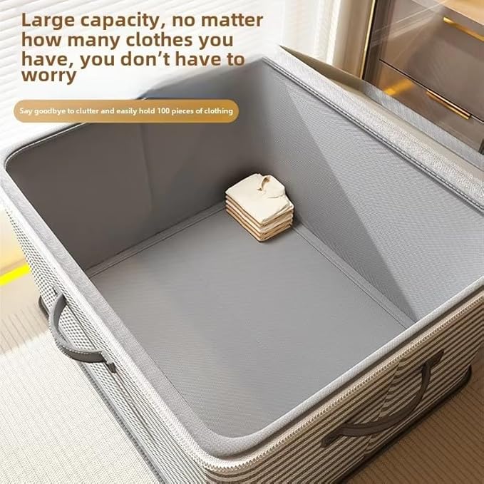 Foldable Storage Containers, Beige Striped Fabric Boxes with Lids, Stackable Closet Organizer Bins for Bedroom, Clothing Stor