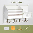 Key Holder Wall Mount, Wooden Adhesive Mail and Key Organizer with Drawer, Small Shelf, 8 Hooks, 2 Installation Methods, Whit