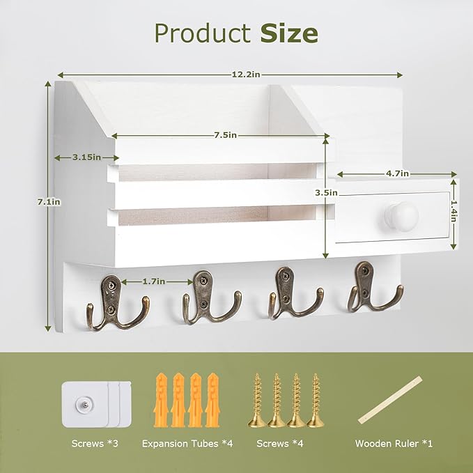 Key Holder Wall Mount, Wooden Adhesive Mail and Key Organizer with Drawer, Small Shelf, 8 Hooks, 2 Installation Methods, Whit