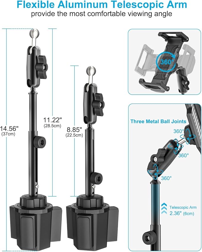 Cup Holder Car Large Tablet Mount, [Up to 15.6"] Metal Adjustable Arm CupHolder Tablet Clip, Heavy Duty Truck Cup Holder for iPad Pro 13 12.9 Air Mini, Galaxy tab, iPhone, 6.1-15.6" Devices