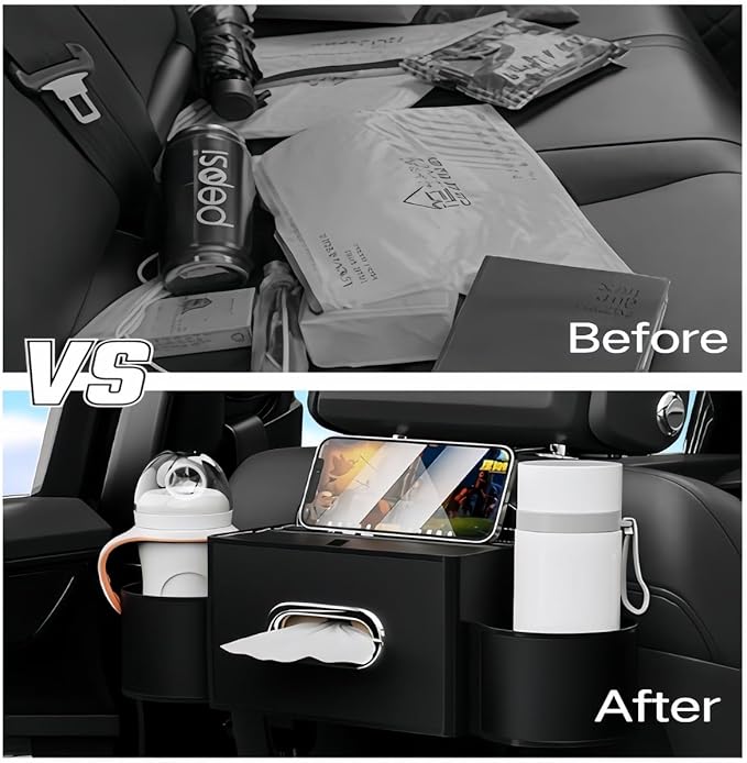 Back Seat Car Organizer, 4-in-1 Multifunctional Storage Box with Cup Holder & Tissue Holder, Premium Leather Adjustable Seat Back Organizer for Phone, Snacks, Purse for SUV Minivan Travel (Black)