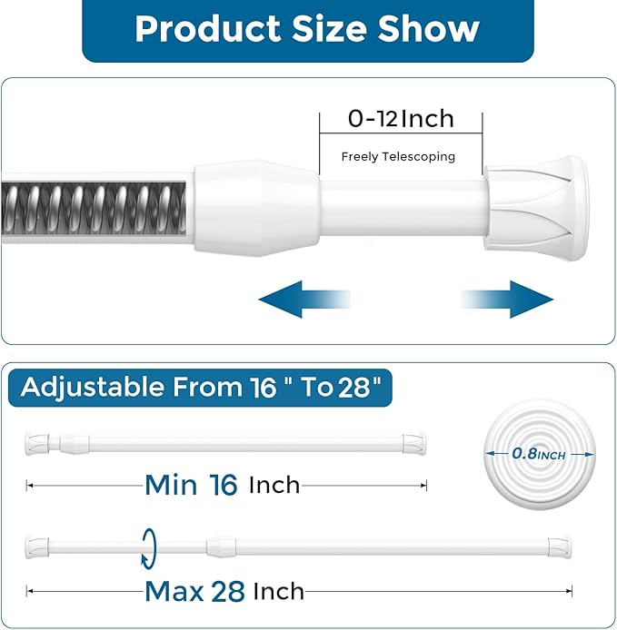 AIZESI 6PCS Tension Curtain Rod 16 to 28 Inch White No Drilling Adjustable Spring Curtain Rods for Window, Doorway, Closet, K