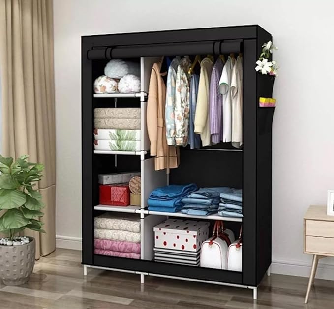 Portable Wardrobe Closet Clothes Organizer Non-Woven Fabric Cover with 6 Storage Shelves, 2 Hanging Sections and 4 Side