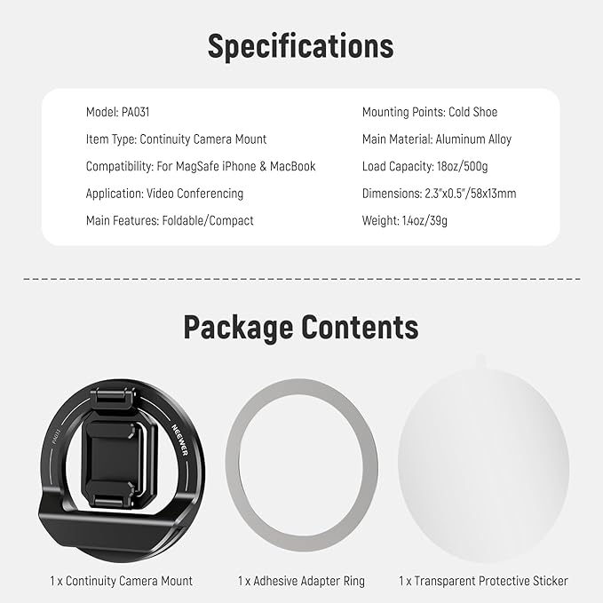 NEEWER Foldable Continuity Camera Mount with Cold Shoe for MagSafe iPhone 15 Pro Max 14 13 12 MacBook Air 13" M1, MacBook Air 2018-2020, MacBook Pro 13" M1/M2, MacBook Pro 13" 2017-2020, PA031