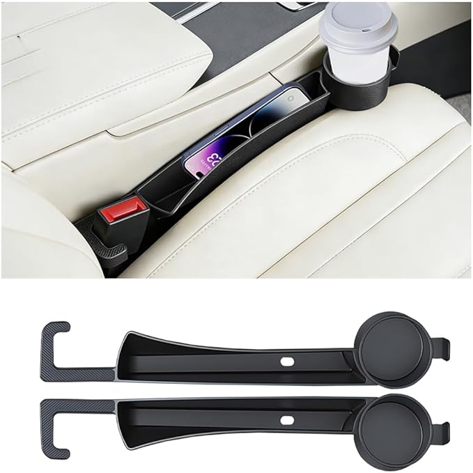 2PCS Car Seat Gap Filler, Soft Carbon Fiber Vehicle Between Seat and Console Organizer with Cup Holder, Prevent Falling Automotive Interior Chair Gap Plug, Universal Fit (Black)