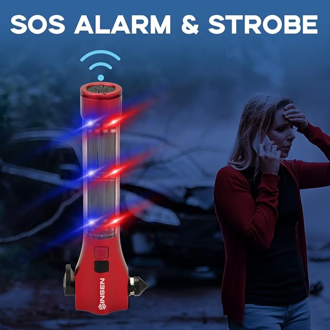 SINSEN Emergency Flashlight for Car, Seatbelt Cutter Window Breaker, 16-in-1 Multifunctional Safety Tool—Glass Hammer/Bright 