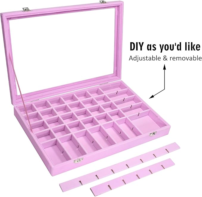 Siveit Velvet Jewelry Tray 48 Grid Jewelry Display Tray Organizer Box with Transparent Lid Rings Earrings Necklaces Pendants 