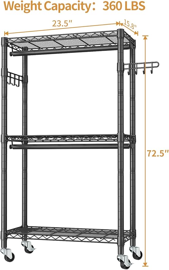 Heavy Duty Clothes Rack Rolling Garment Rack,3 Tier Adjustable Wire Shelving Clothing Racks for Hanging Clothes with Double R
