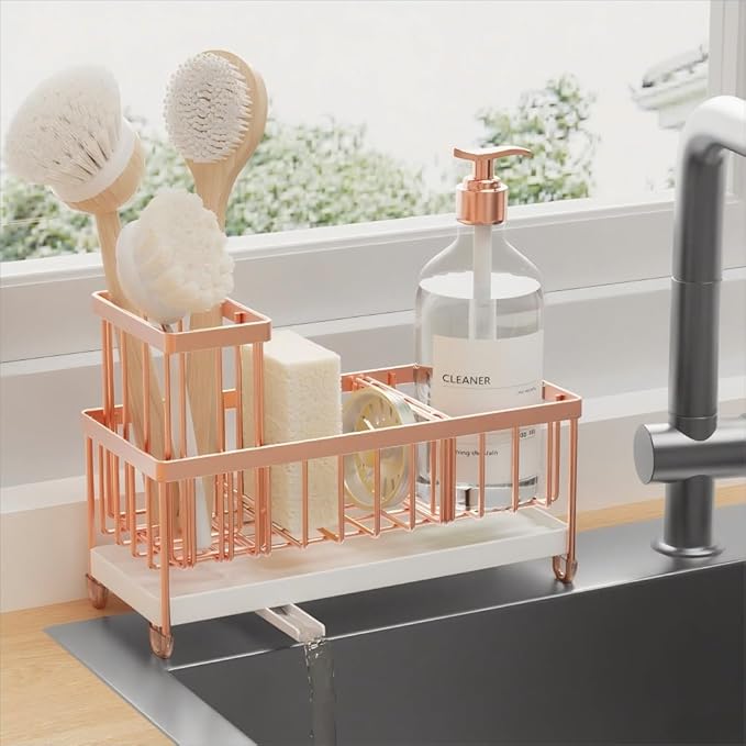 Cisily Sponge Holder for Kitchen Sink, Sink Caddy Organizer with High Brush Holder, Kitchen Countertop Organizers and Storage