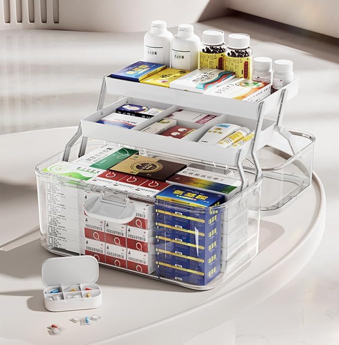 3-Tier 12 x 9 x 7 Medicine Organizer, Medicine Cabinet Organizer with Portable Pill Case, Multipurpose Plastic Box for Storag