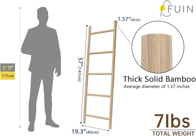 FUIN Fully Assembled 57in Bamboo Blanket Ladders Living Room Wood Decorative Wall Leaning Farmhouse Quilt Display Holder Rust