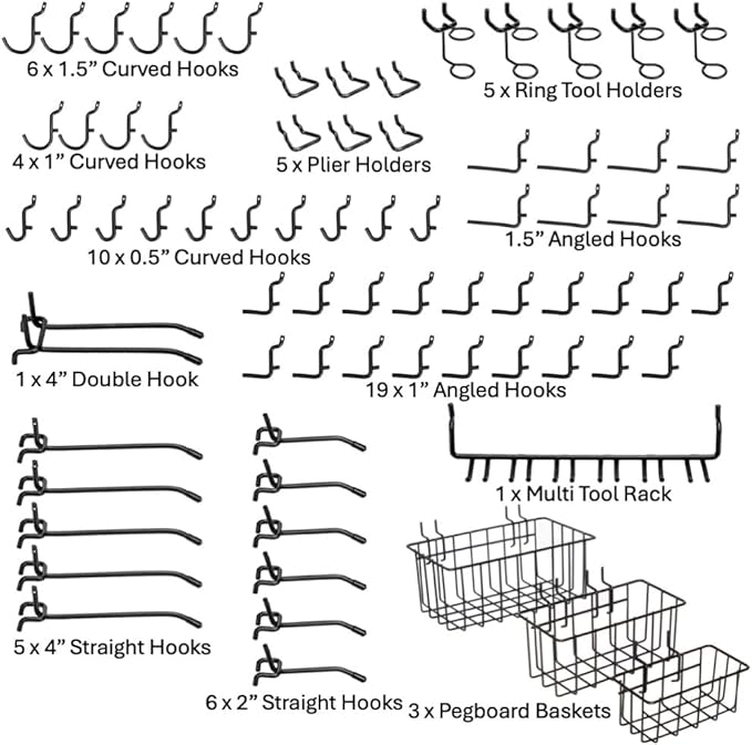 Heavy Duty Black Pegboard Hooks and Baskets for Hanging Tools, 73 Pieces 1/4'' Peg Board Accessories Peg Hooks and Bins, Peg 