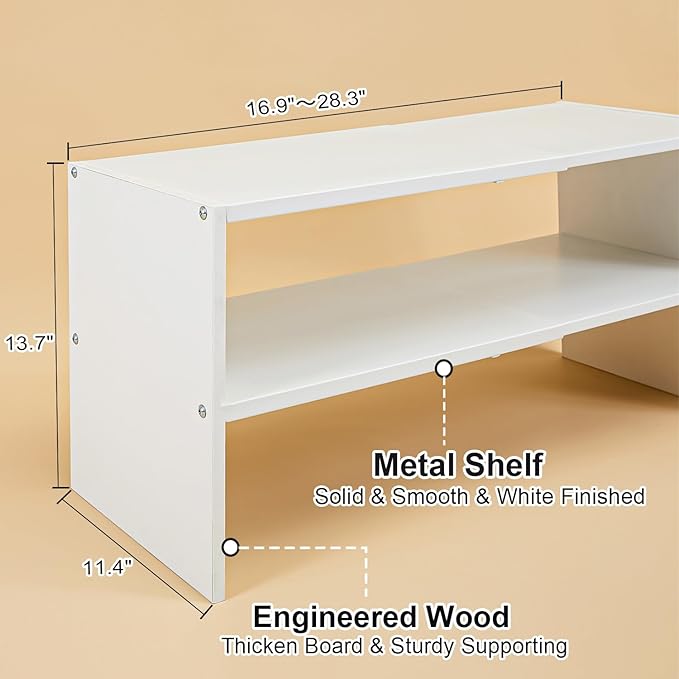 White Shoe Rack Organizer for Closet, 2-Tier Expandable Shoe Shelf, Stackable Iron Wood Combination Small Shoe Racks Shelves 