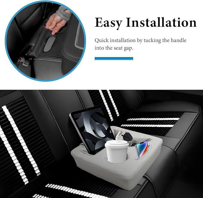 Car Back Seat Organizer, Leather Automotive Rear Seat Couch Cup Holder Expander Tray, Vehicle Cup Holder Tray Holds Snacks Remotes Phones for Truck RV Boat Couch Pillow Bed (Gray)