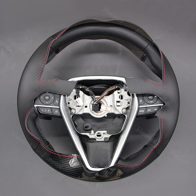 MEWANT Breathable Glossy Carbon Fiber + Black Genuine Leather DIY Car Steering Wheel Cover for Toyota Camry 2018-2019 / Toyota Avalon 2019 / Toyota Corolla 2019-2020 / Toyota RAV4 2019