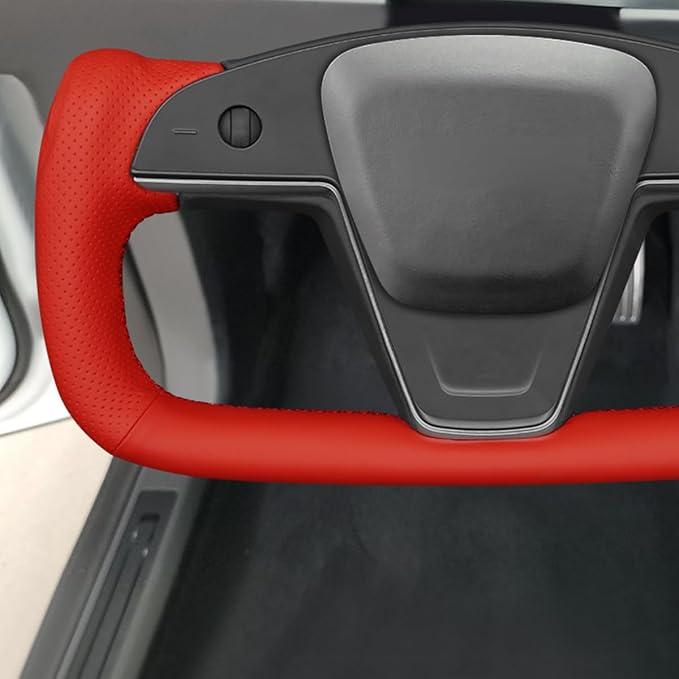 MEWANT Hand Stitched Red Leather Tesla Model S Yoke Steering Wheel Cover Wrap for Tesla Model S 2021-2023 / Model X 2021-2023 Tesla Yoke Steering Wheel Accessories