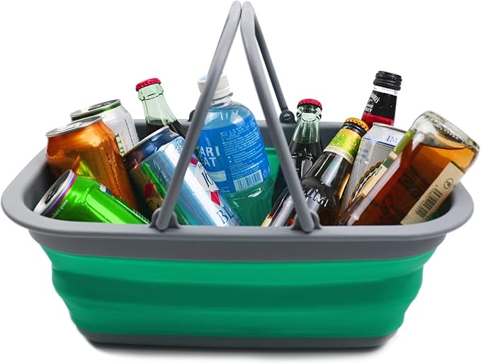 SAMMART 9.2L (2.37Gallon) Collapsible Tub with Handle - Portable Outdoor Picnic Basket/Crater - Foldable Shopping Bag - Space Saving Storage Container (1, Grey/Bluish-Green)