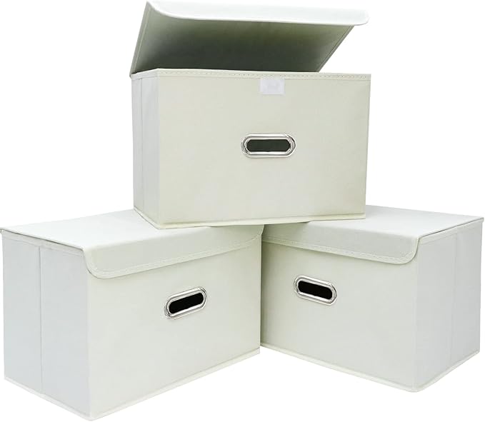 Linen Fabric Foldable Collapsible Storage Cube Bin Organizer Basket Fabric Storage Bins with Lid, Leather Handles, Removable 