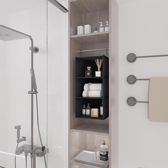 Hanging Closet Organizer - 3-Shelf, Easy Mount Foldable Wardrobe Storage Shelves for Clothes, Handbags, Shoes & Accessories -
