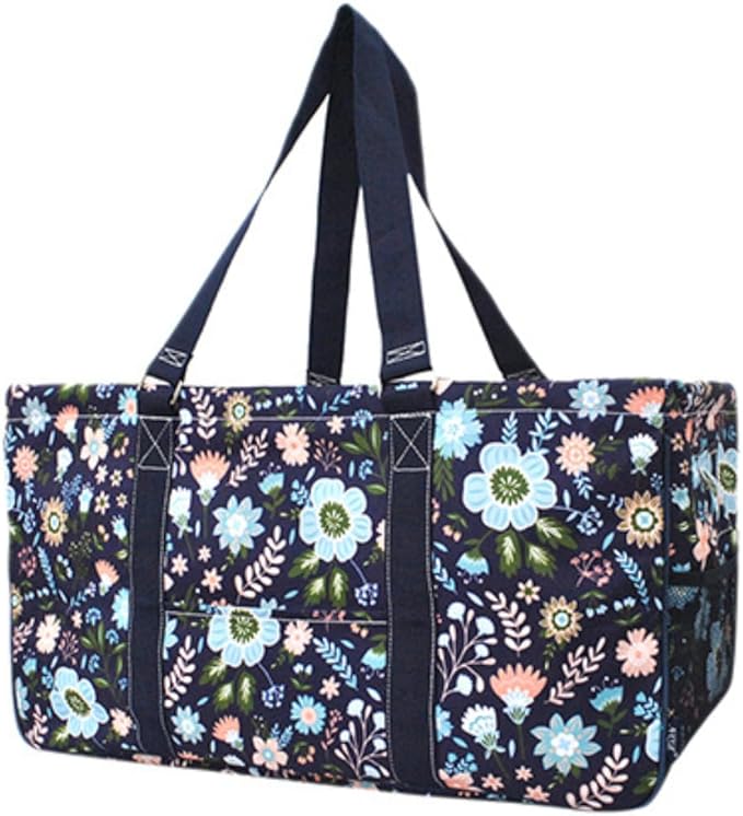 NGIL Extra Large Utility Tote Reusable Grocery Bag Oversized Collapsible for Groceries, Storage, Picnic, Beach (Pastel Floral-Navy)