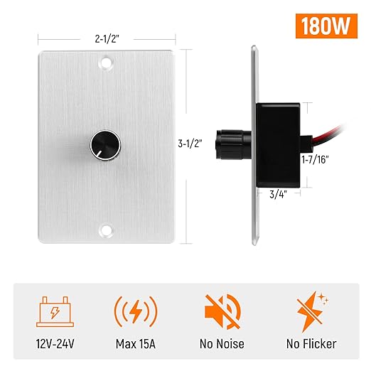 12 Volt PWM LED Dimmer Switch 15A 180W, Push On Off, Rotary Knob Dimming,12V 24V Light Dimmer for RV Boat Truck Camper Van Trailer Light Fixtures, LED Strip Lights (Silver Panel)