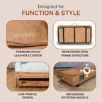 Premium Under Bed Storage with Wheels, Low Profile Rolling Storage Box in Vegan Leather with Metal Frame, Pull-Out Underbed O
