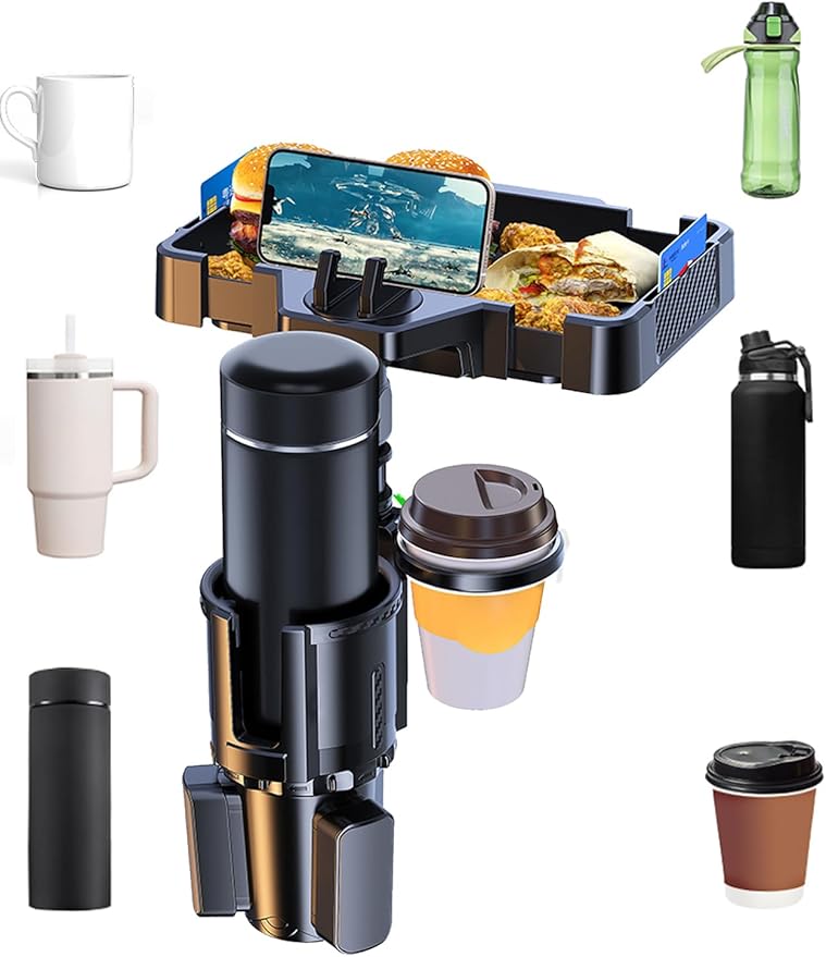 Car Cup Holder Tray, 10 Inch 4-in-1 Cup Holder Tray, 360° Rotating Drink Holder Expander with Detachable Food Tray & Phone Ho
