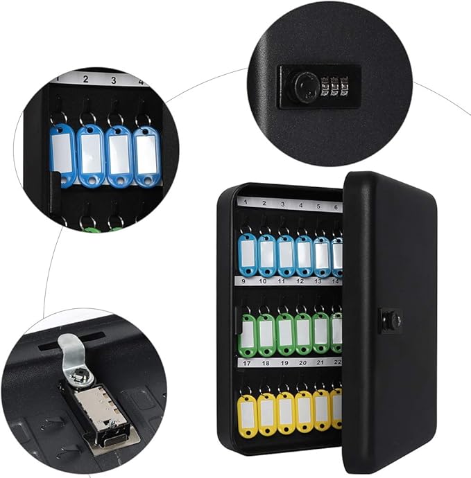 Jssmst Wall Mount Key Storage Box with Code, Locking Key Cabinet Security, 48 Key Hooks & Tags Labels, 11.81 x 9.45 x 2.95 in