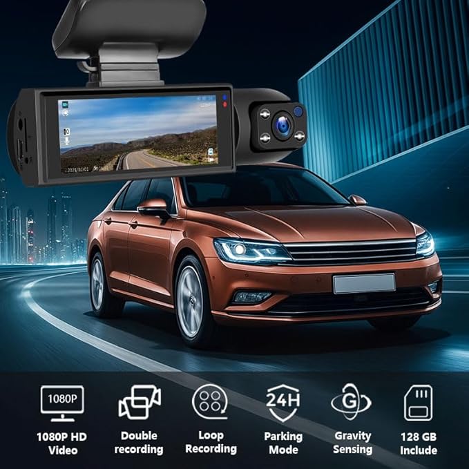128GB Dash Cam Front and Rear for Cars with Night Vision, 1080P Dual Lens Dash Camera Inside and Outside, 24H Parking Monitor