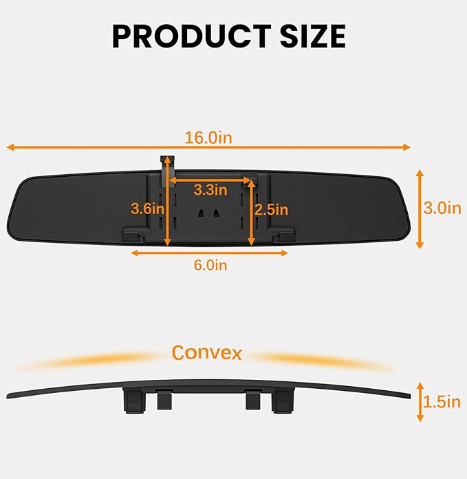 Rear View Mirror, 16 Inch Chrome Anti-glare Universal Panoramic Convex Car Interior Rear View Mirrors Clip on Big Wide Angle Rearview Mirror Extender to Blind Spot for Pickup Trucks Van