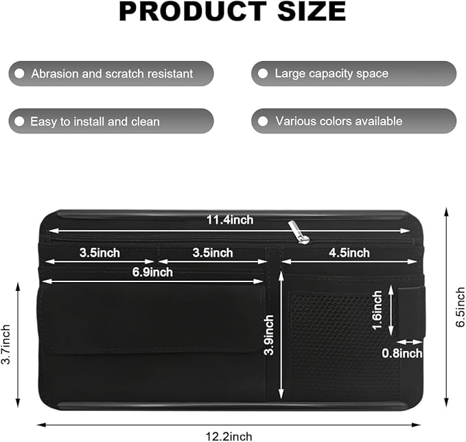 Car Sun Visor Organizer, Leather Sun Visor Pocket Organizer Case with Multi-Pocket Net Zipper, Suede Note Holder Car Visor Storage Pouch for Card Pen Sunglasses Document (Black)