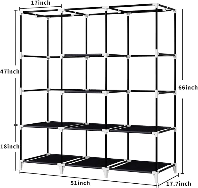 Portable Closet, 51 Inch Wardrobe Closet for Hanging Clothes with 2 Hanging Rods, 8 Storage Organizer Shelves for Bedroom, Du