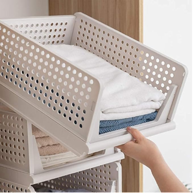 yazi Stackable Storage Bins,8 Pack Foldable Plastic Wardrobe Clothes Organizer Drawer Shelf Storage Basket Container Plastic 