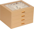 Jewelry Box with Glass Lid, 4-Layer Jewelry Organizer for Women Girls, PU Leather Display Case with 20-Grid Earring Tray & Mo