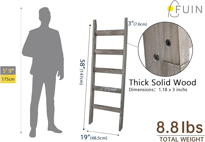 FUIN 5ft (58") Wood Blanket Ladder Living Room Decorative Wall Leaning Farmhouse Quilt Display Holder Storage Rustic Wooden T