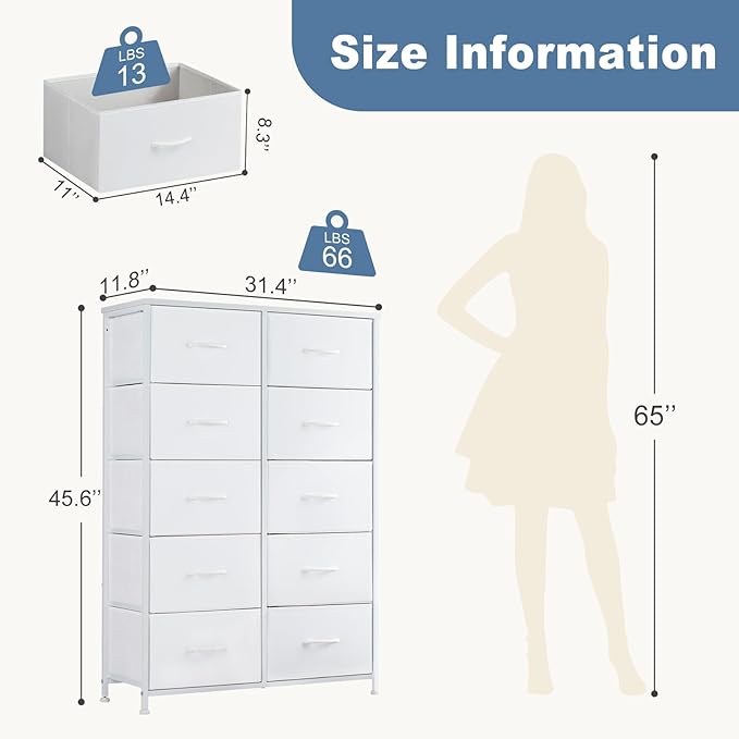 DUMOS Dresser for Bedroom, 10 Storage Drawers, Wide Fabric Closet Chests Organizer Tower Furniture with Wooden Top Metal Fram