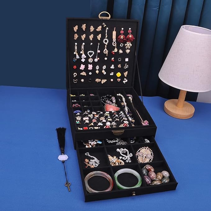 Women Jewelry Box Lockable 3 Layers Large Jewelry Organizer Storage Case for Earrings Necklaces Rings Bracelets,Green Display